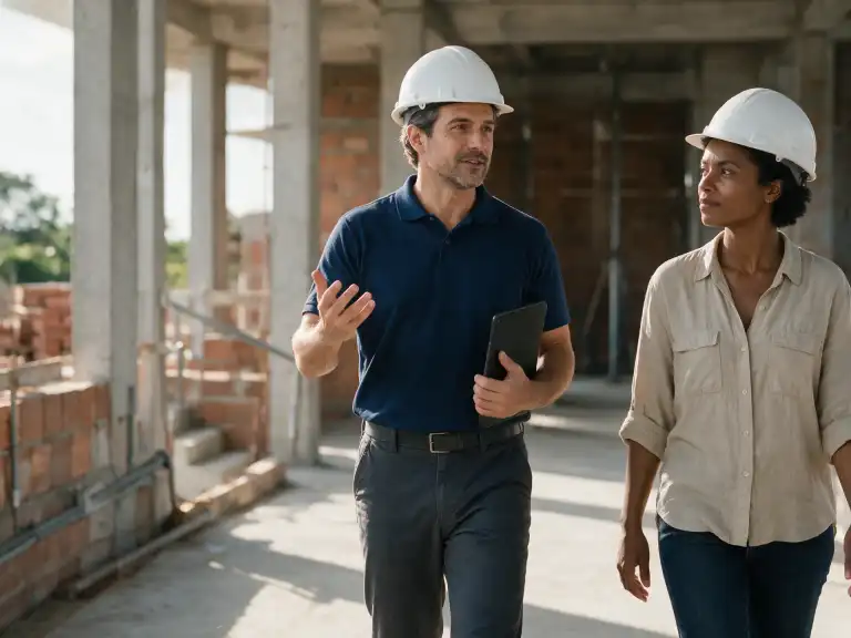 Representante da HORBRAS e cliente caminham por uma obra em alvenaria, conversando enquanto observam os serviços