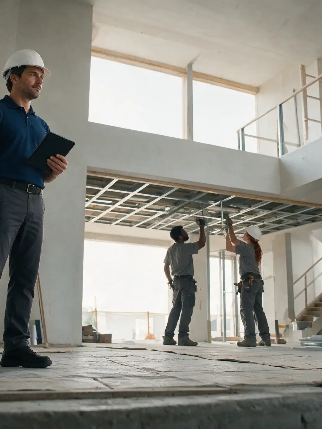 Casa contemporânea em construção, com fachada parcialmente concluída, e um profissional acompanhando os trabalhos