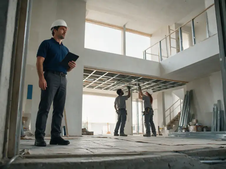 Casa contemporânea em construção, com fachada parcialmente concluída, e um profissional acompanhando os trabalhos