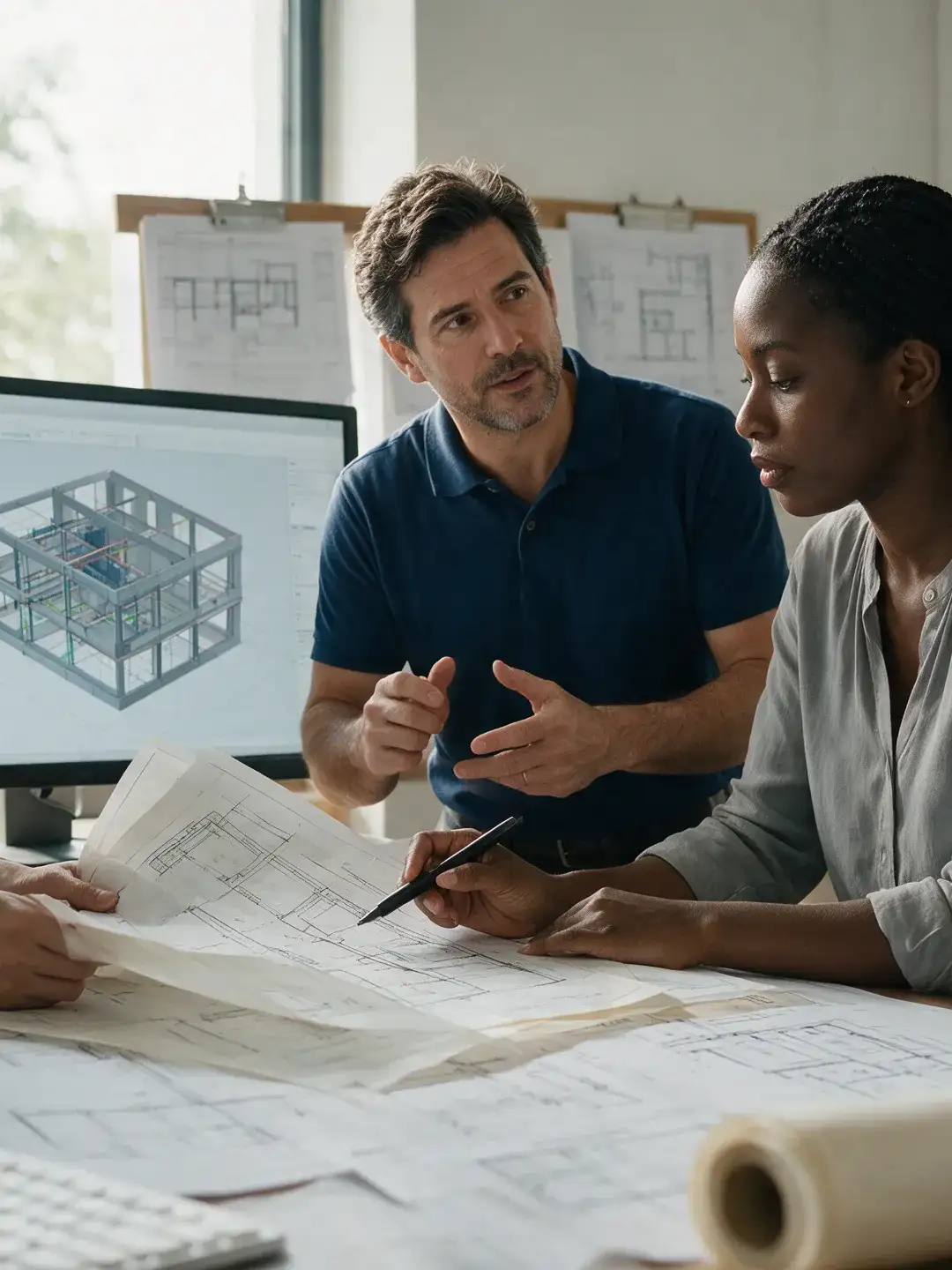 Profissionais de disciplinas diferentes analisam plantas de arquitetura, estrutura e instalações lado a lado