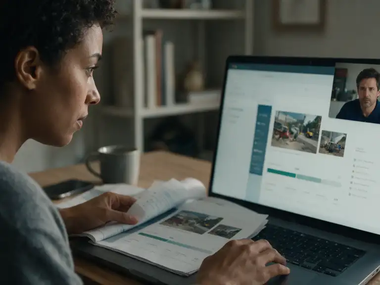 Cliente consulta, fora da obra, um relatório com fotos, evolução e pendências do empreendimento