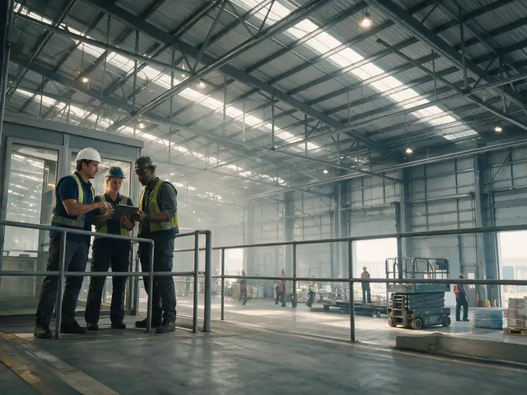 Galpão logístico em construção, com estrutura metálica, acessos e frentes de serviço distintas