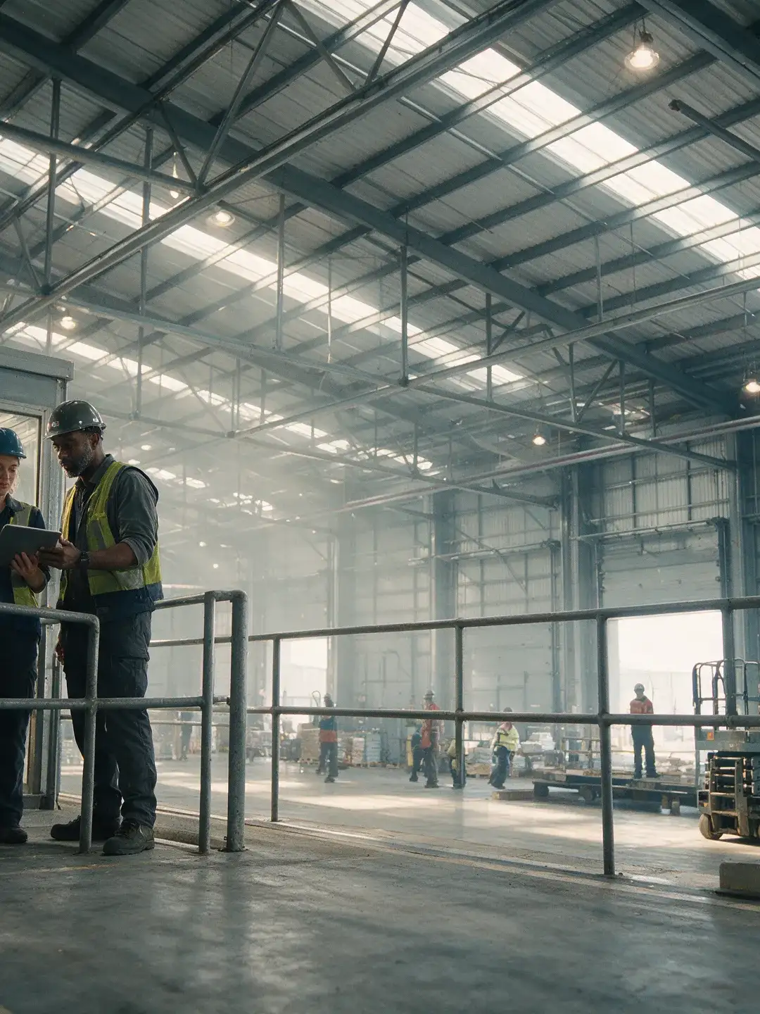 Galpão logístico em construção, com estrutura metálica, acessos e frentes de serviço distintas