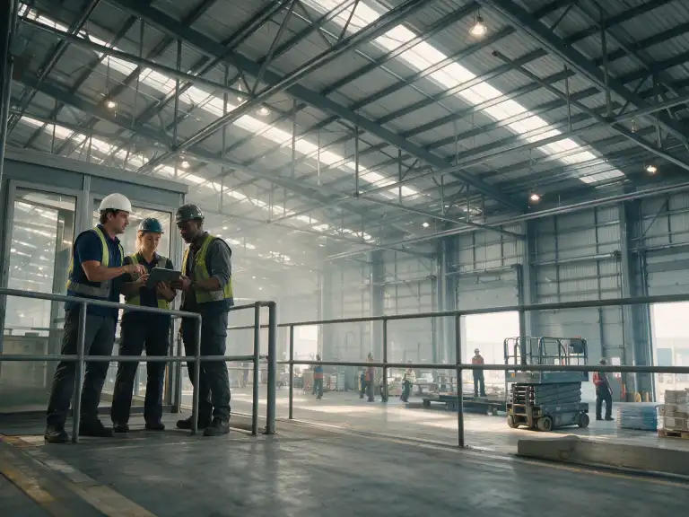 Galpão logístico em construção, com estrutura metálica, acessos e frentes de serviço distintas