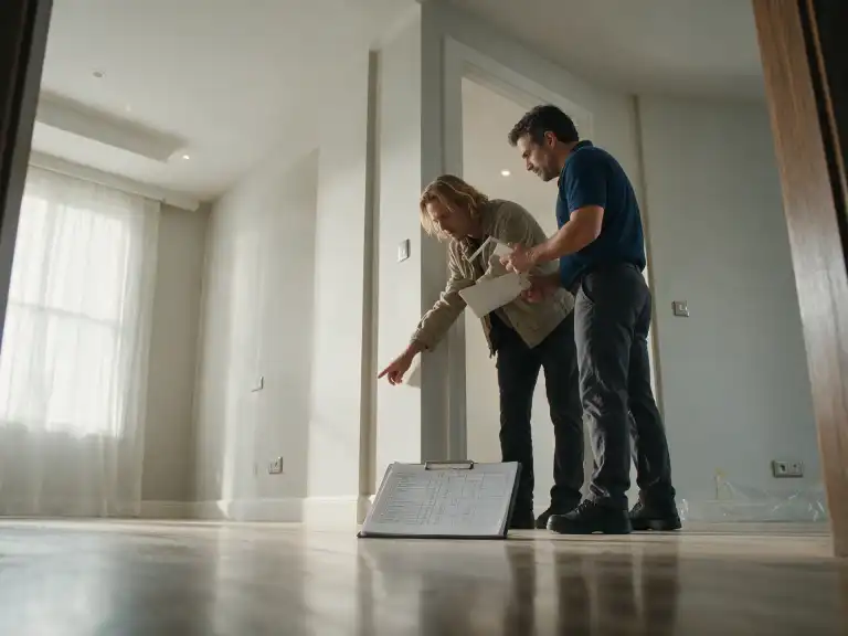 Cliente e representante percorrem o ambiente concluído com checklist de pendências em mãos