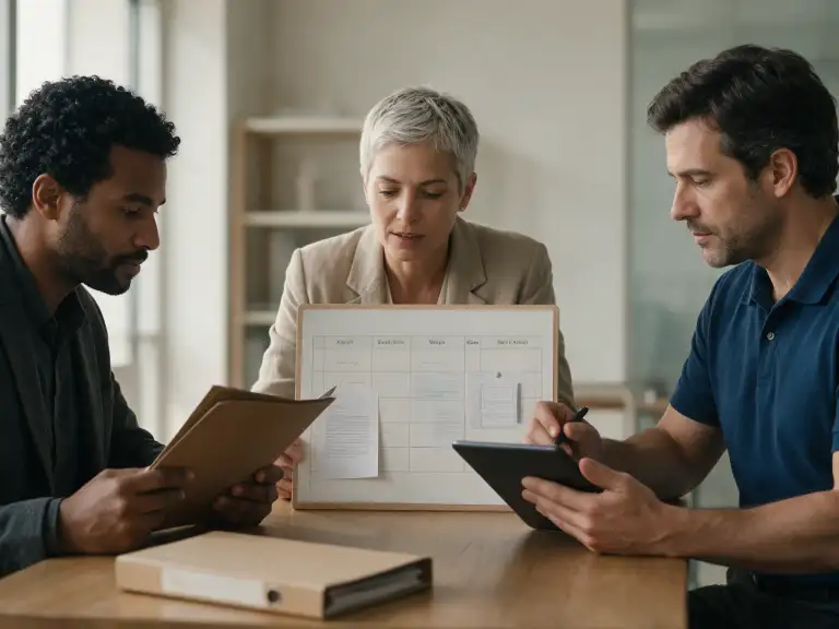 Profissional e cliente consultam um painel de documentos, prazos e protocolos com um parceiro especializado