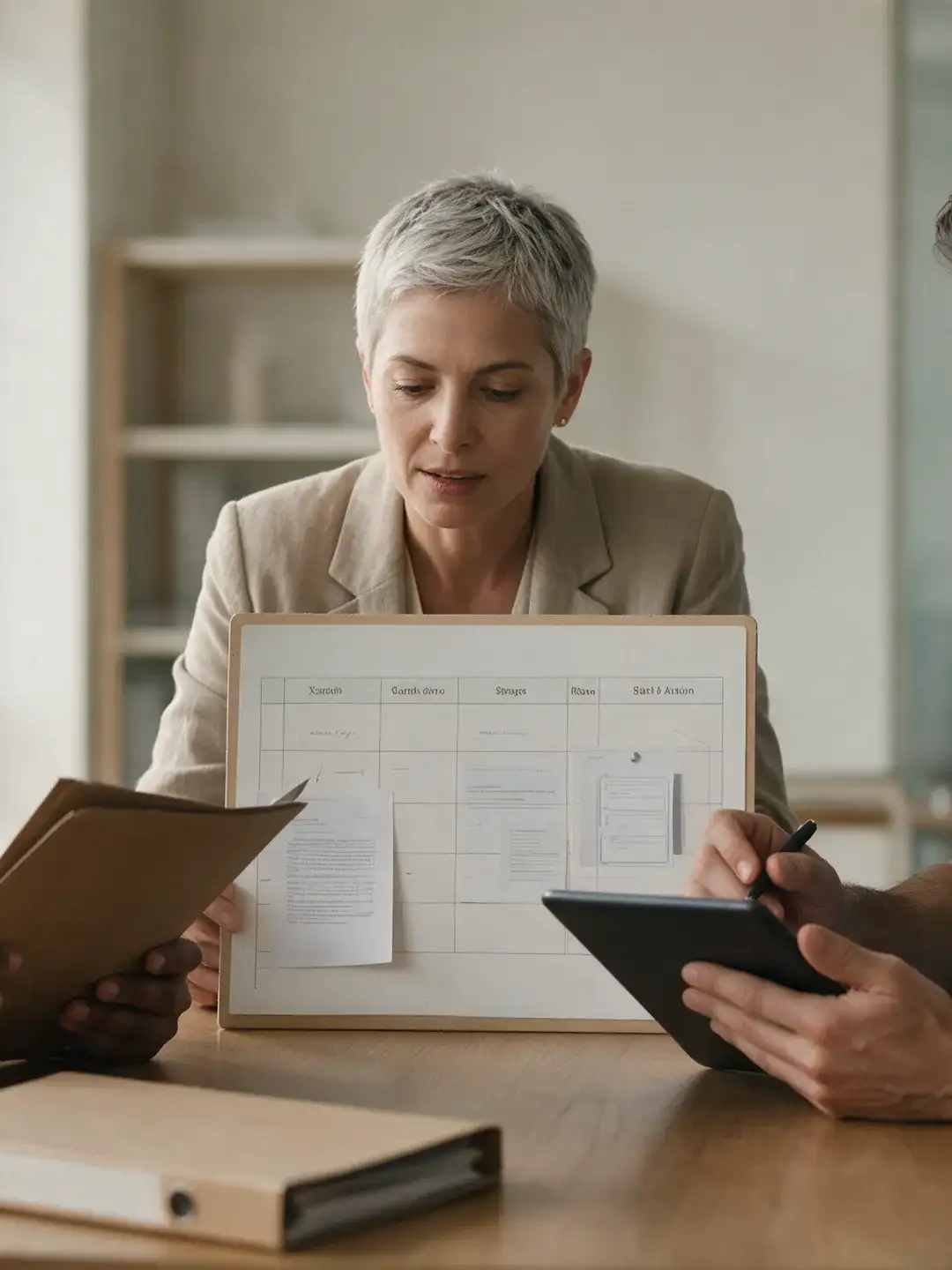 Profissional e cliente consultam um painel de documentos, prazos e protocolos com um parceiro especializado